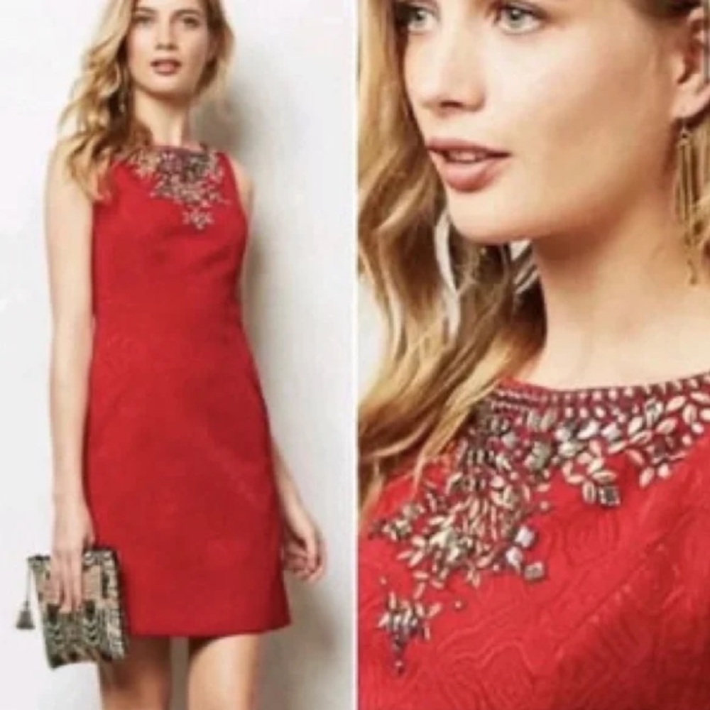 Moulinette Soeurs red beaded sleeveless sheath dress pockets holiday Size 0